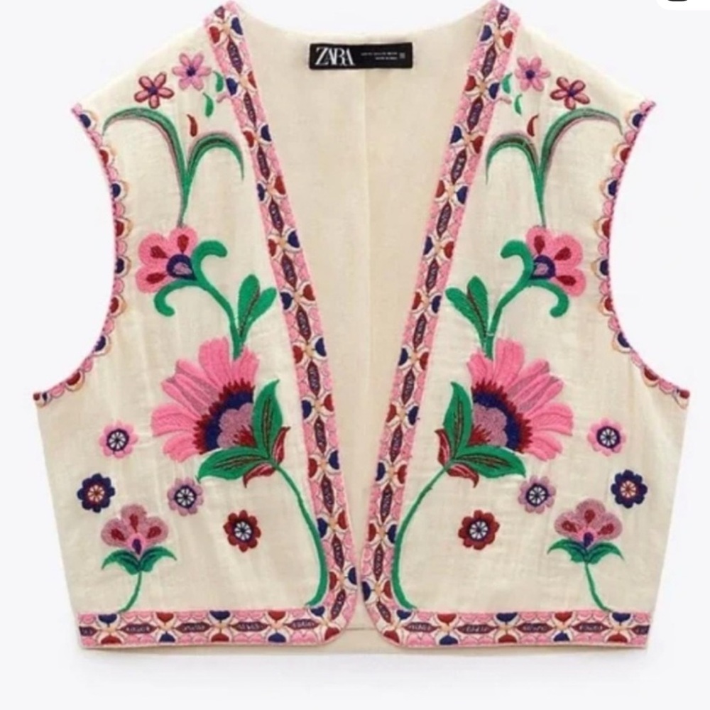 Zara Pink and Green Embroidered Blouse